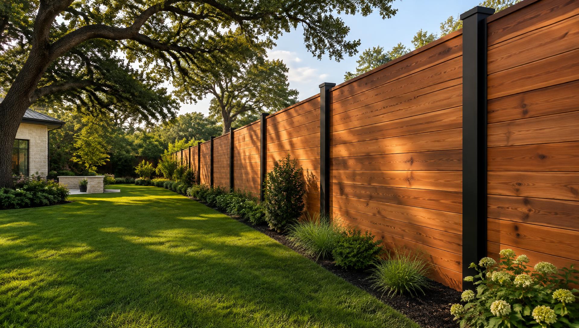 Cedar privacy fence with black posts in a landscaped backyard — design inspiration